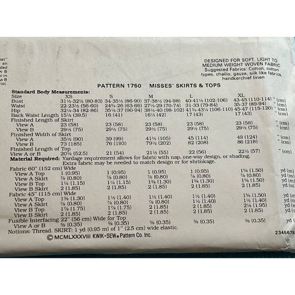 Kwik Sew 1750 top straight A lined skirt 1980s pattern Size S M L XL - Picture 5 of 5